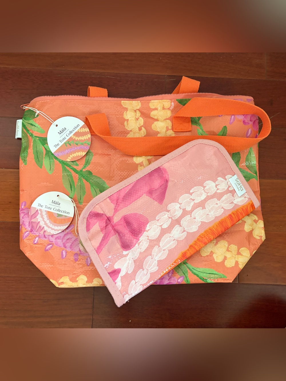 Waterproof Coral Floral Beach Tote Bag with Pink Pouch